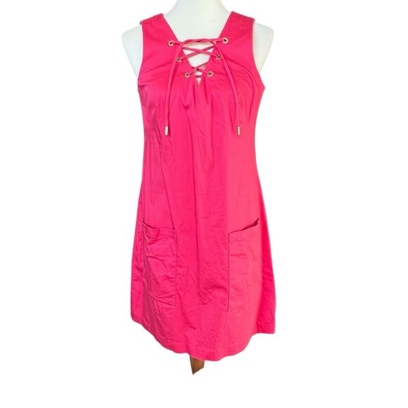 Calvin Klein Sleeveless Sheath Dress Hot Pink Pockets Lace Up V-Neck Size 10 - Picture 3 of 9